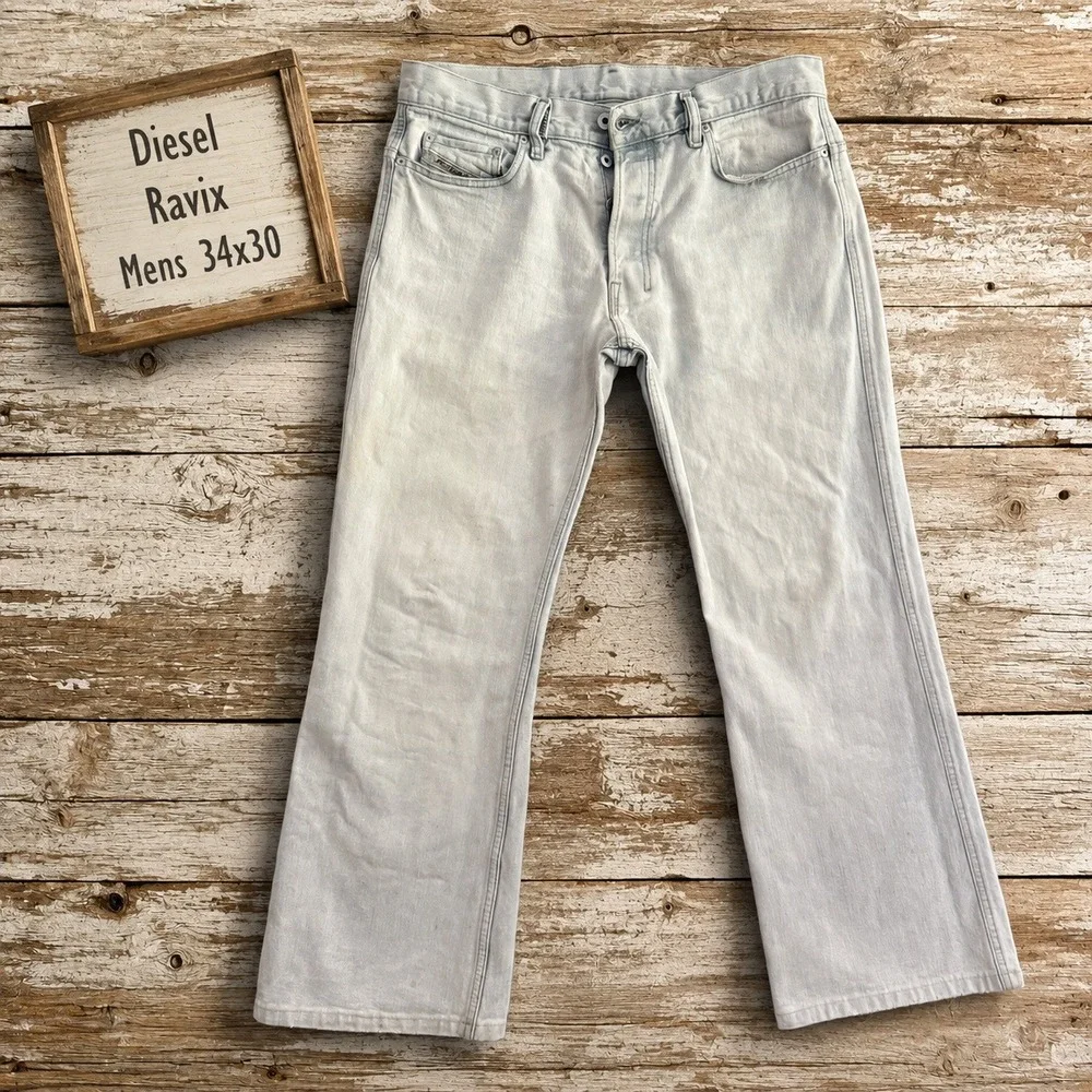 Diesel Ravix Mens 34x30 Light Blue Wash Bootcut Wide Leg Jeans Made in Italy